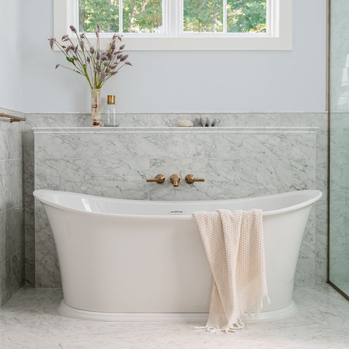 Stylish Bathroom with tub and grey tile backsplash
